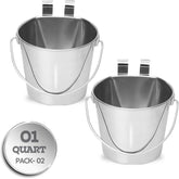 1 Quart Stainless Steel Flat Sided Bucket with Dual Hooks | 2 Pcs Durable Food & Water Bowl for Dog Cats Bird & Small Animals | Fits kennel Cage Crates Hanging Pet Pail | Multipurpose use