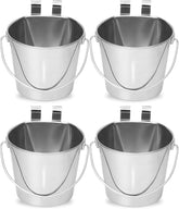 2 Quart Stainless Steel Flat Sided Bucket with Dual Hooks | 4 Pcs Durable Food & Water Bowl for Dog Cats Bird & Small Animals | Fits kennel Cage Crates Hanging Pet Pail | Multipurpose use