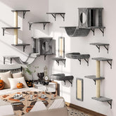 12-in-1 Cat Wall Shelves, Luxury Wall-Mounted Cat Climber Set | with Condos House, Scratching Post, Bridge Ladder, Indoor Space-Saving Furniture for Kittens, Dark Gray