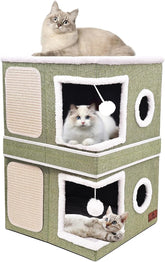 2-Story Cat House for Indoor Cats, Dual-Purpose Cave Bed with Scratch Pad and Fluffy Ball, Foldable Cat Hideaway, Cute Condo Furniture for Multi Small Pet Kitten, Green