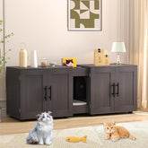 3-in-1 Cat Litter Box Enclosure for 2 Cats, 55 Inch Large Hiddden Litter Box Enclosure Furniture with Double Rooms, Farmhouse Wooden Cat Washroom for Bedroom Living Room, White