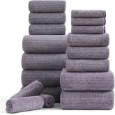 18 Piece Bath Towels Set,100% Microfiber Family Bathroom Towel with Hanging Loops-6 Bath Towels,6 Hand Towels,6 Washcloths,Quick Dry Highly Absorbent Shower Towel for Bathroom,Hotel,Spa-Dark Purple