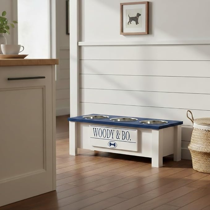 3 Bowl Dog Feeding Station, Personalized Triple Bowl Food Stand Medium Dogs | Farmhouse Style, Elevated Wood Stand, Storage Container, Stainless Steel Bowls, Raised Anti-Slip Feeder, Made in USA