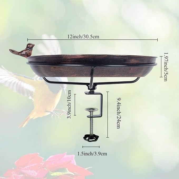 12' Railing Bird Bath for Deck Mounted Metal Bowl with Lightweight Detachable, Bird Baths with Adjustable Sturdy Steel Clamp for Deck Railing Balcony Yard Garden Decoration