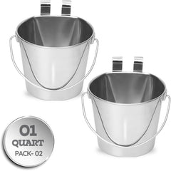 1 Quart Stainless Steel Flat Sided Bucket with Dual Hooks | 2 Pcs Durable Food & Water Bowl for Dog Cats Bird & Small Animals | Fits kennel Cage Crates Hanging Pet Pail | Multipurpose use