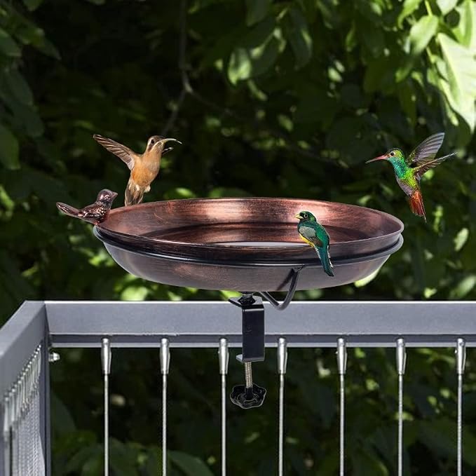 12' Railing Bird Bath for Deck Mounted Metal Bowl with Lightweight Detachable, Bird Baths with Adjustable Sturdy Steel Clamp for Deck Railing Balcony Yard Garden Decoration
