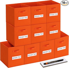 11x11 storage cube bins (Set of 10) Foldable Fabric storage cubes with 10 Labels Window Cards & a Pen,11 inch cube storage bin,Closet Organizers for Shelves,Cubby Organizer Boxes,Orange