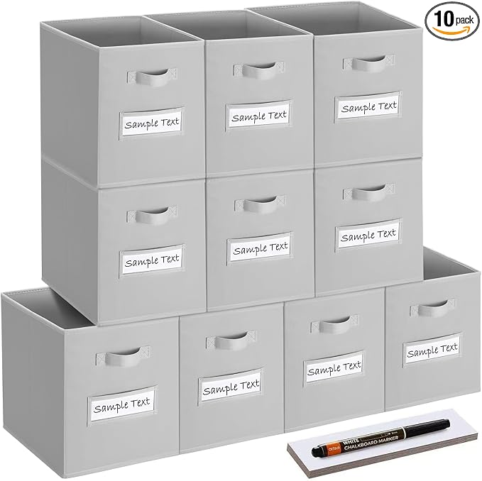 11x11 storage cube bins (Set of 10) Foldable Fabric storage cubes with 10 Labels Window Cards & a Pen,11 inch cube storage bin,Closet Organizers for Shelves,Cubby Organizer Boxes,Light Grey