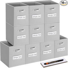 11x11 storage cube bins (Set of 10) Foldable Fabric storage cubes with 10 Labels Window Cards & a Pen,11 inch cube storage bin,Closet Organizers for Shelves,Cubby Organizer Boxes,Light Grey