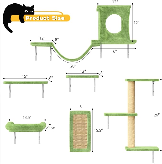 12-in-1 Cat Wall Shelves, Luxury Wall-Mounted Cat Climber Set | with Condos House, Scratching Post, Bridge Ladder, Indoor Space-Saving Furniture for Kittens, Green