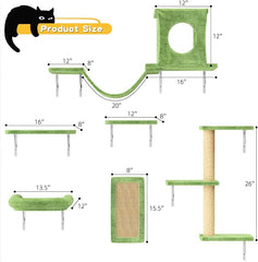 12-in-1 Cat Wall Shelves, Luxury Wall-Mounted Cat Climber Set | with Condos House, Scratching Post, Bridge Ladder, Indoor Space-Saving Furniture for Kittens, Green