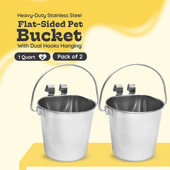 1 Quart Stainless Steel Flat Sided Bucket with Dual Hooks | 2 Pcs Durable Food & Water Bowl for Dog Cats Bird & Small Animals | Fits kennel Cage Crates Hanging Pet Pail | Multipurpose use