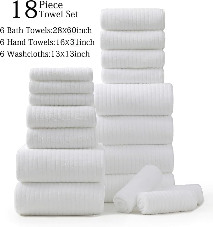 18 Piece Family Bath Towel Set Include 6 Bath Towels,6 Hand Towels and 6 Washcloths Soft Bathroom Towel with Hanging Loops,Highly Absorbent Quick Dry Towels Set for Bathroom,Hotel and Spa-White