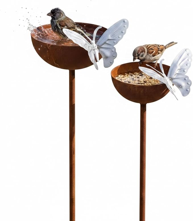 2 Pack Rusty Rain Catcher Garden Stake - Adjustable Metal Bird Feeder and Bath Bowl, Butterfly Style Vintage Outdoor Decor for Lawn Yard, Attracts Birds and Beneficial Insects