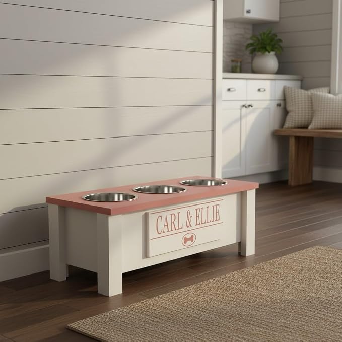 3 Bowl Dog Feeding Station, Personalized Triple Bowl Food Stand Medium Dogs | Farmhouse Style, Elevated Wood Stand, Storage Container, Stainless Steel Bowls, Raised Anti-Slip Feeder, Made in USA