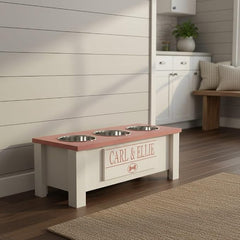 3 Bowl Dog Feeding Station, Personalized Triple Bowl Food Stand Medium Dogs | Farmhouse Style, Elevated Wood Stand, Storage Container, Stainless Steel Bowls, Raised Anti-Slip Feeder, Made in USA