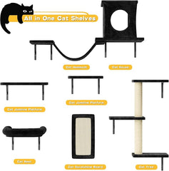 12-in-1 Cat Wall Shelves, Luxury Wall-Mounted Cat Climber Set | with Condos House, Scratching Post, Bridge Ladder, Indoor Space-Saving Furniture for Kittens, Black