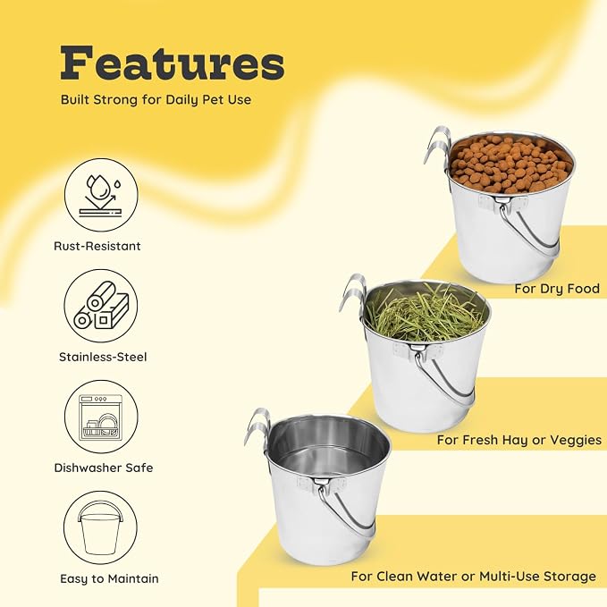 2 Quart Stainless Steel Flat Sided Bucket with Dual Hooks | 2 Pcs Durable Food & Water Bowl for Dog Cats Bird & Small Animals | Fits kennel Cage Crates Hanging Pet Pail | Multipurpose use