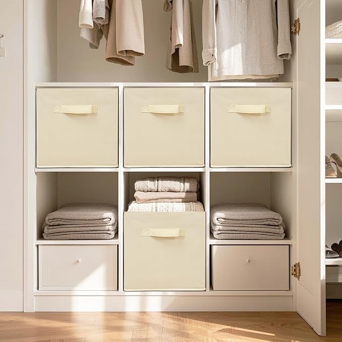 11 Inch Fabric Storage Cubes, Sturdy Foldable Storage Bins, Heavy Duty Cube Organizer for Clothes, Blankets, Shelves, Closets, Bedroom, Living Room, Beige, 12 Pack