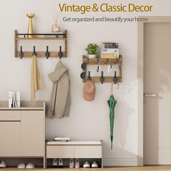 29 inch Coat Rack Wall Mount with Shelf, Entryway Wall Shelf with Hooks, Heavy Duty Coat Hanger Wall Mount with Key Holders and Mail Organizer for Living Room, Bedroom, Brown