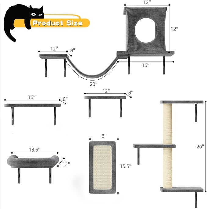 12-in-1 Cat Wall Shelves, Luxury Wall-Mounted Cat Climber Set | with Condos House, Scratching Post, Bridge Ladder, Indoor Space-Saving Furniture for Kittens, Dark Gray