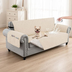100% Waterproof Couch Cover, Straps&Pockets,pet Friendly,68" Beige | Washable sofa cover, pet-friendly, scratch-resistant furniture protector, quilted sofa cover, reversible, non-slip backing.