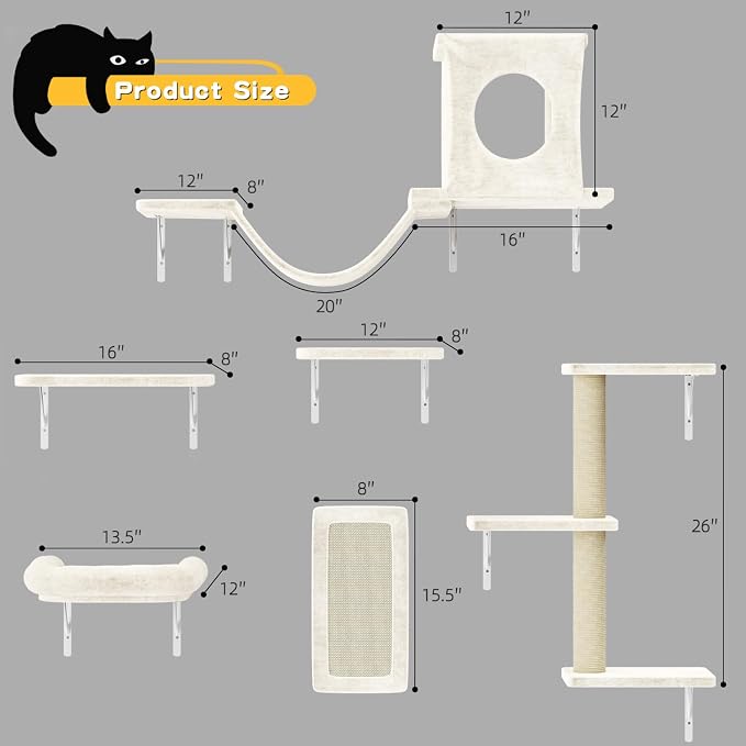 12-in-1 Cat Wall Shelves, Luxury Wall-Mounted Cat Climber Set | with Condos House, Scratching Post, Bridge Ladder, Indoor Space-Saving Furniture for Kittens, Beige