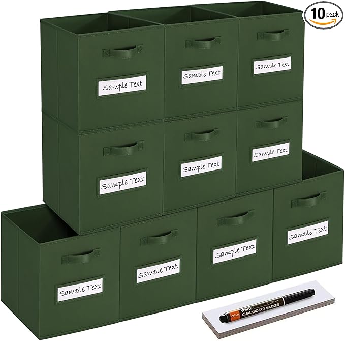 11x11 storage cube bins (Set of 10) Foldable Fabric storage cubes with 10 Labels Window Cards & a Pen,11 inch cube storage bin,Closet Organizers for Shelves,Cubby Organizer Boxes,Dark Green