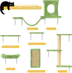 12-in-1 Cat Wall Shelves, Luxury Wall-Mounted Cat Climber Set | with Condos House, Scratching Post, Bridge Ladder, Indoor Space-Saving Furniture for Kittens, Green