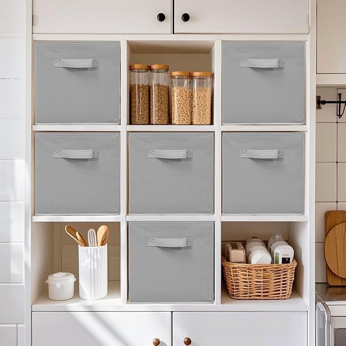 11 Inch Fabric Storage Cubes, Sturdy Foldable Storage Bins, Heavy Duty Cube Organizer for Clothes, Blankets, Shelves, Closets, Bedroom, Living Room, Gray, 6 Pack
