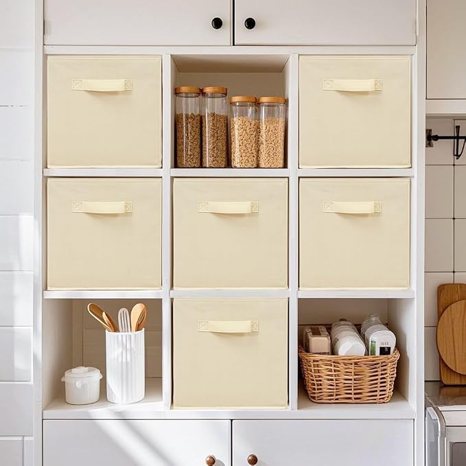 11 Inch Fabric Storage Cubes, Sturdy Foldable Storage Bins, Heavy Duty Cube Organizer for Clothes, Blankets, Shelves, Closets, Bedroom, Living Room, Beige, 4 Pack