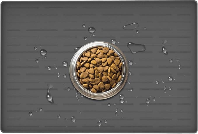 24" x 16" Dog Food Mat, Silicone Pet Mats for Food and Water, Nonslip Pet Feeding Mats for Floors, Dog Cat Bowl Mat with Raised Edges, Dark Gray