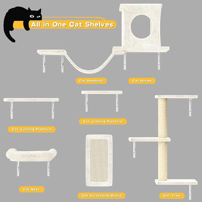 12-in-1 Cat Wall Shelves, Luxury Wall-Mounted Cat Climber Set | with Condos House, Scratching Post, Bridge Ladder, Indoor Space-Saving Furniture for Kittens, Beige