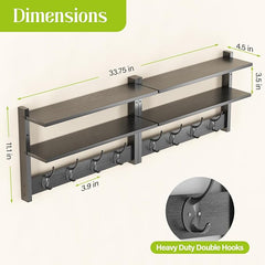 2 Tier Coat Rack Wall Mount with Shelf, 33" Wall Shelf with Hooks, Entryway Key Holder for Wall with 8 Heavy Duty Double Hooks, Coat Hook Wall Mounted for Bedroom, Living Room, Black