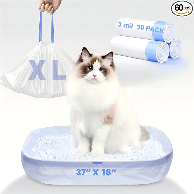 30 Pack Jumbo Cat Litter Bags - 3MIL Extra Thick Leakproof Litter Box Liners, 37"x18" Heavy Duty Drawstring Cat Litter Liners for Automatic Litter Box, Odor Control Disposable Kitty Litter Bags 3 Roll