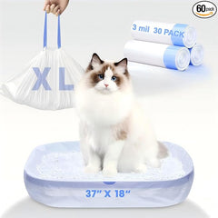 30 Pack Jumbo Cat Litter Bags - 3MIL Extra Thick Leakproof Litter Box Liners, 37"x18" Heavy Duty Drawstring Cat Litter Liners for Automatic Litter Box, Odor Control Disposable Kitty Litter Bags 3 Roll