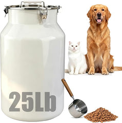 25 Lbs Stainless Steel Dog Food Storage Container with Scoop, Large Metal Dog Food Bin with Airtight Lid & Locking Clamp, Pet Treat Jars for Dogs & Cats, Keep Fresh, White