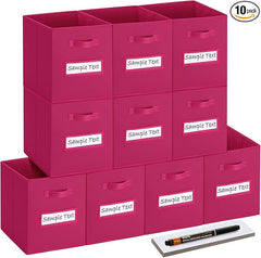 13x13 storage cube bins (Set of 10) Foldable Fabric storage cubes with 10 Labels Window Cards & a Pen,13 inch cube storage bins,Closet Organizers for Shelves,Cubby Organizer Boxes,Dark pink