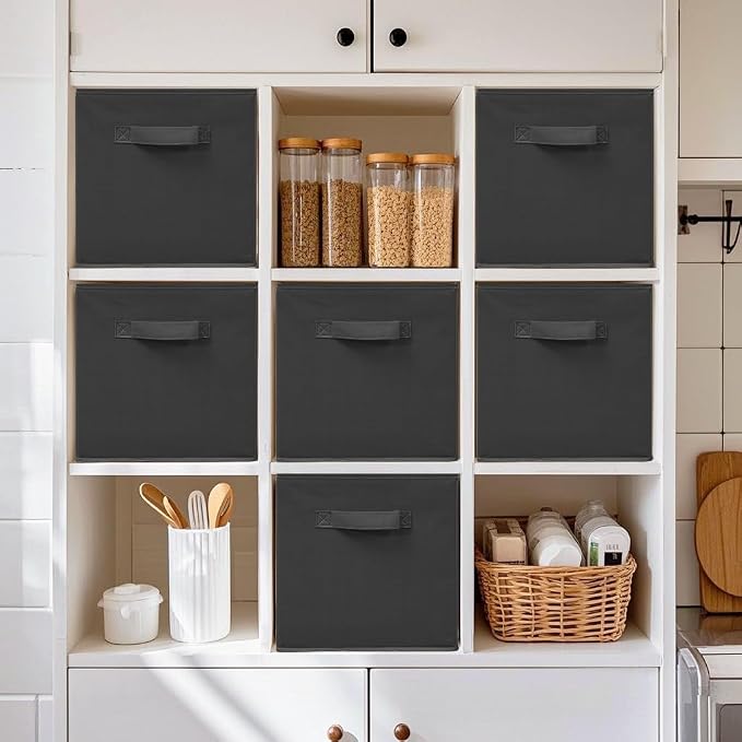 11 Inch Fabric Storage Cubes, Sturdy Foldable Storage Bins, Heavy Duty Cube Organizer for Clothes, Blankets, Shelves, Closets, Bedroom, Living Room, Black, 6 Pack