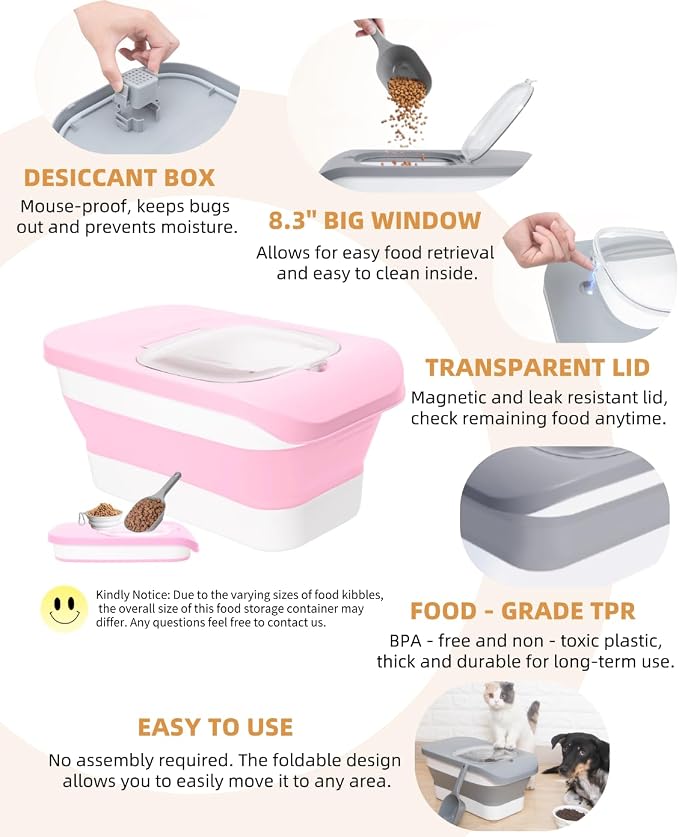 10-13 Lbs Airtight Dog Food Storage Container,Collapsible Pet Food Storage | Dog Food Container with Double Airtight Seal,Cat Food Container Dry Food Fresh,Space Saving,Pest/Mouse-proof,Scoop,Pink