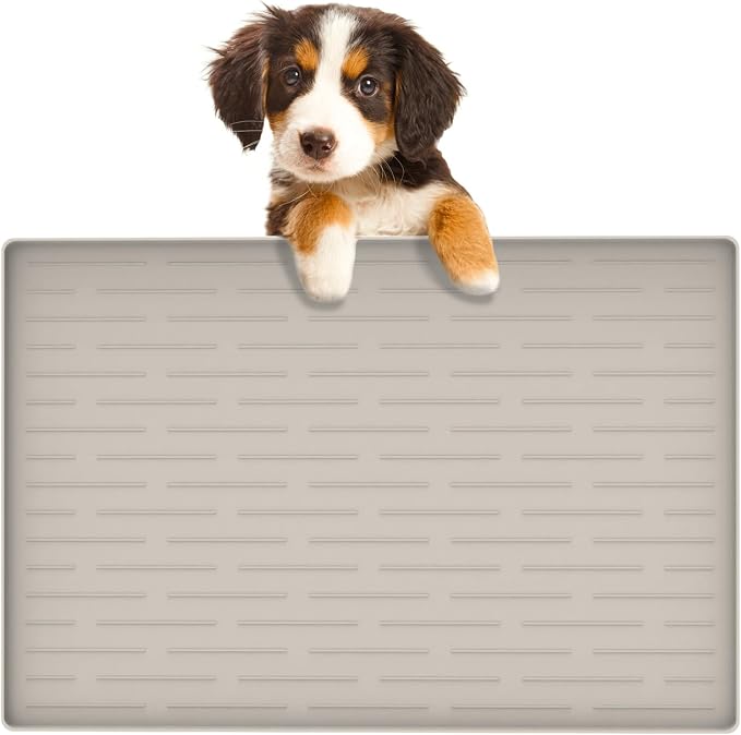 24"x16" Large Dog Food Mat, Silicone Dog and Cat Mats for Food and Water Bowls, Waterproof Raised Edge Pet Feeding Mat for Contain Spills Protects Floors, Multiple Colors & Sizes for Pets, Beige