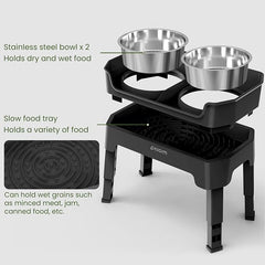 3-in-1 Elevated Dog Bowls Mess Proof Raised Slow Feeder Dog Bowls, 4 Height Adjustable Dog Bowl Stand Licking Plate with 2 56oz Stainless Steel Dog Food Bowls for Small Medium Large Dogs Pets