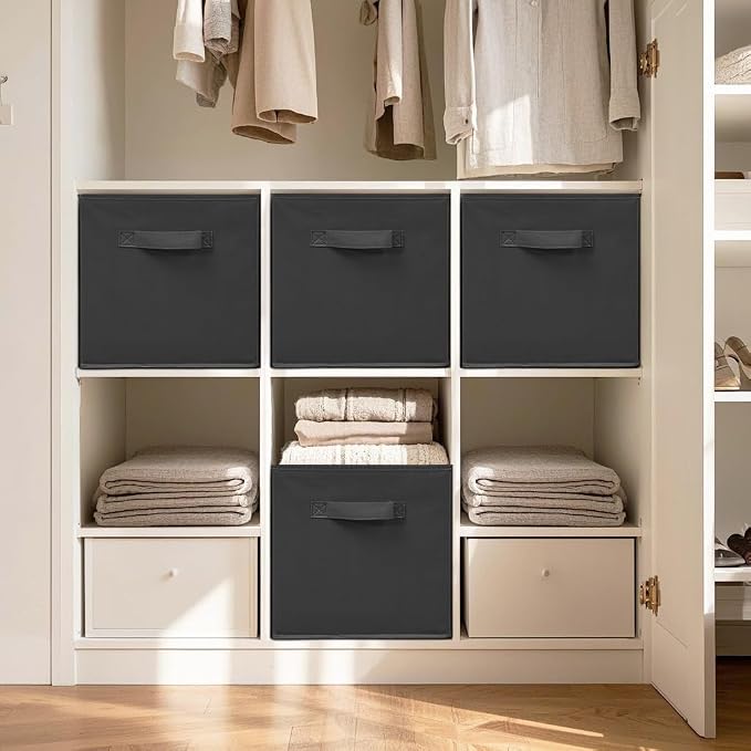 11 Inch Fabric Storage Cubes, Sturdy Foldable Storage Bins, Heavy Duty Cube Organizer for Clothes, Blankets, Shelves, Closets, Bedroom, Living Room, Black, 7 Pack