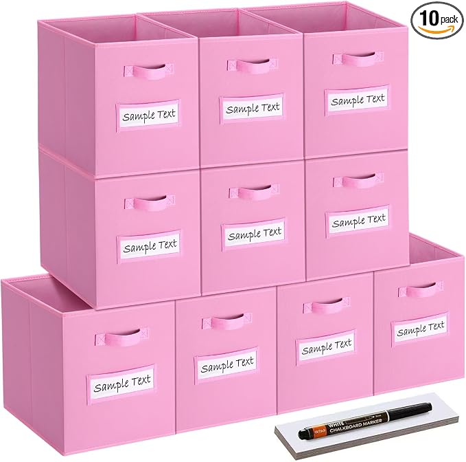 13x13 storage cube bins (Set of 10) Foldable Fabric storage cubes with 10 Labels Window Cards & a Pen,13 inch cube storage bins,Closet Organizers for Shelves,Cubby Organizer Boxes,Light Pink