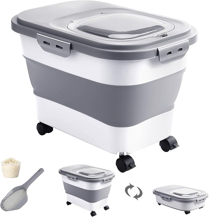 20-30 Lbs Rice Storage Container,Collapsible Food Storage Containers | Flour Storage Container with Wheels Airtight Locking Lid,Rice Container with Cup and Scoop,Suitable for Rice,Pet Food,Flour