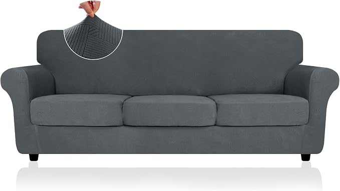 2025 Striped XL-Sofa Covers 4 Piece, Stretch Couch Covers for Extra Large Sofa, Anti Slip Oversized Slipcovers with Bottom Ties, Thick Durable Washable, Soft Cozy Protector (71"-91", Dark Grey)