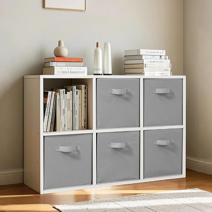 11 Inch Fabric Storage Cubes, Sturdy Foldable Storage Bins, Heavy Duty Cube Organizer for Clothes, Blankets, Shelves, Closets, Bedroom, Living Room, Gray, 6 Pack