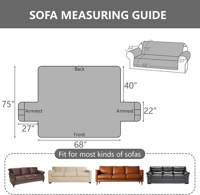 100% Waterproof Couch Cover,Straps&Pockets,pet Friendly,68" Gray | Washable sofa cover, pet-friendly, scratch-resistant furniture protector, quilted sofa cover, reversible, non-slip backing.