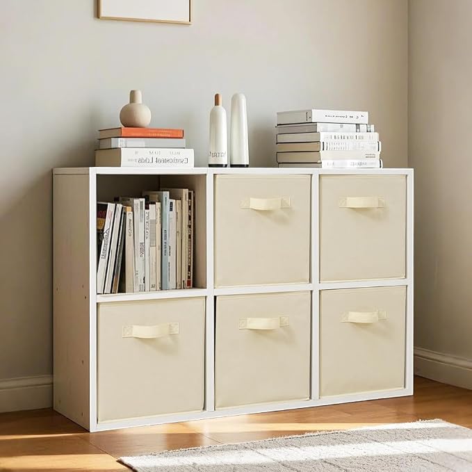 11 Inch Fabric Storage Cubes, Sturdy Foldable Storage Bins, Heavy Duty Cube Organizer for Clothes, Blankets, Shelves, Closets, Bedroom, Living Room, Beige, 6 Pack