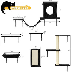 12-in-1 Cat Wall Shelves, Luxury Wall-Mounted Cat Climber Set | with Condos House, Scratching Post, Bridge Ladder, Indoor Space-Saving Furniture for Kittens, Black
